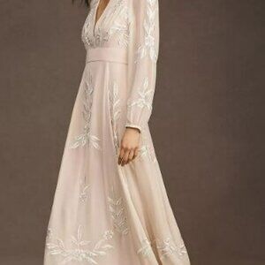 BHLDN Belize Embroidered A-Line Long-Sleeve V-Neck Gown